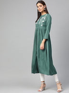 Jompers Women Green & White Yoke Design A-Line Kurta (Teal) | Grocsy