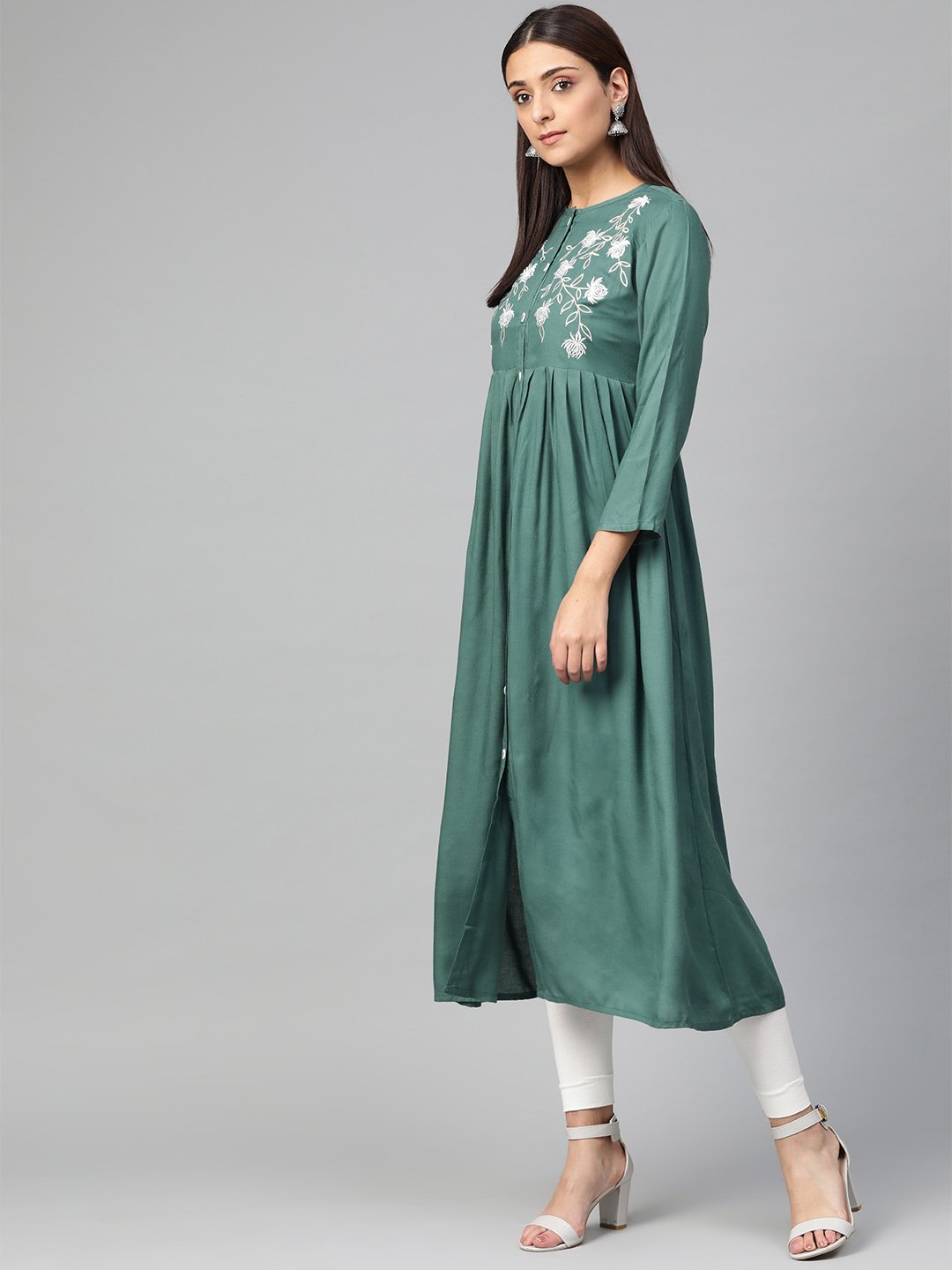 Jompers Women Green & White Yoke Design A-Line Kurta (Teal) | Grocsy