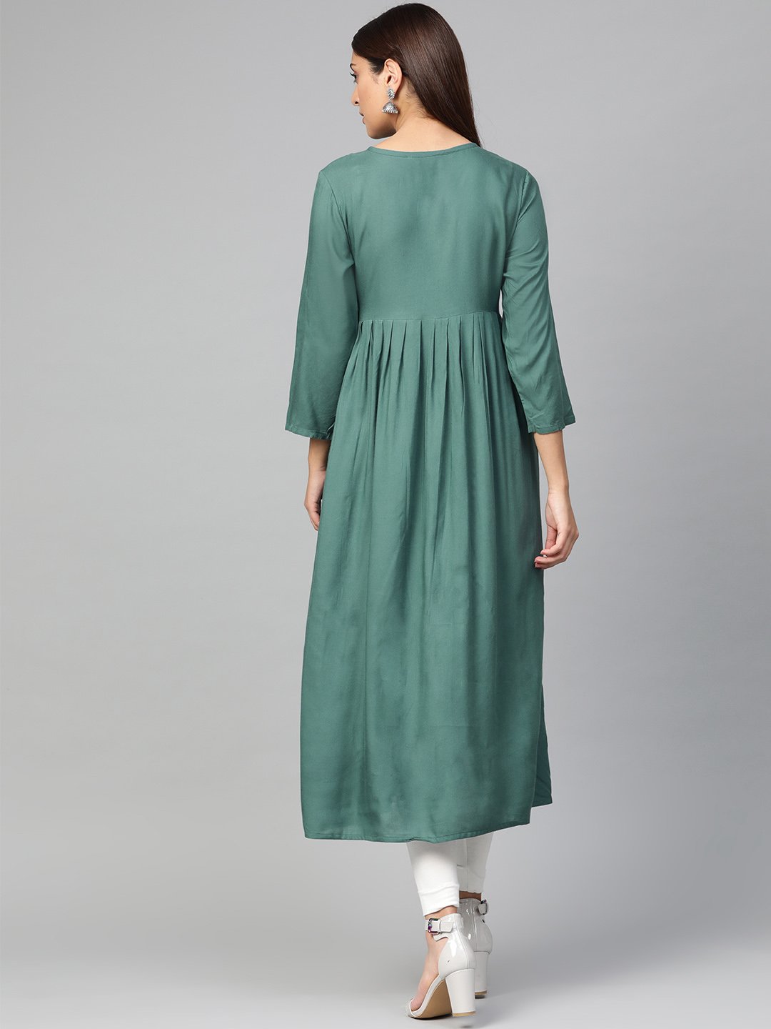 Jompers Women Green & White Yoke Design A-Line Kurta (Teal) | Grocsy