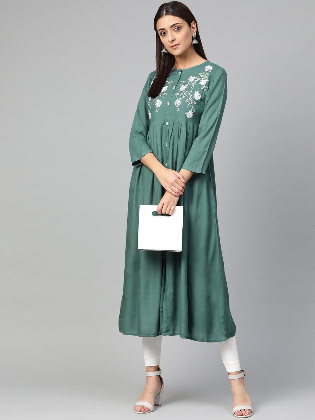 Jompers Women Green & White Yoke Design A-Line Kurta (Teal) | Grocsy