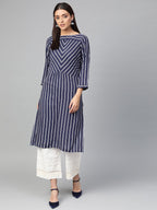 Jompers Women Navy Blue & White Striped Straight Kurta | Grocsy