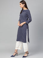 Jompers Women Navy Blue & White Striped Straight Kurta | Grocsy