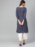 Jompers Women Navy Blue & White Striped Straight Kurta | Grocsy
