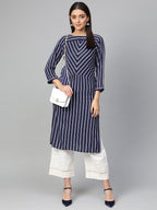 Jompers Women Navy Blue & White Striped Straight Kurta | Grocsy