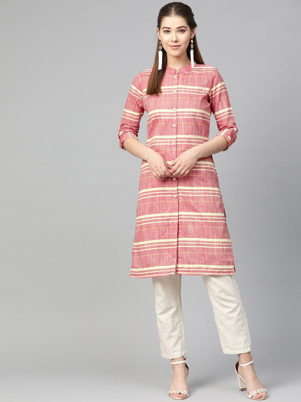 Jompers Women Red & Yellow Self-Striped Straight Kurta | Grocsy