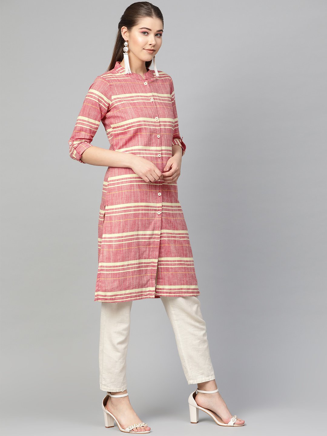 Jompers Women Red & Yellow Self-Striped Straight Kurta | Grocsy