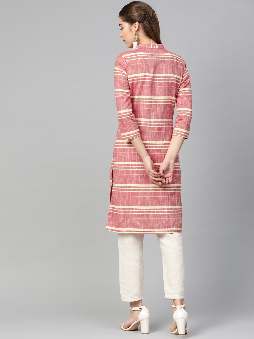 Jompers Women Red & Yellow Self-Striped Straight Kurta | Grocsy