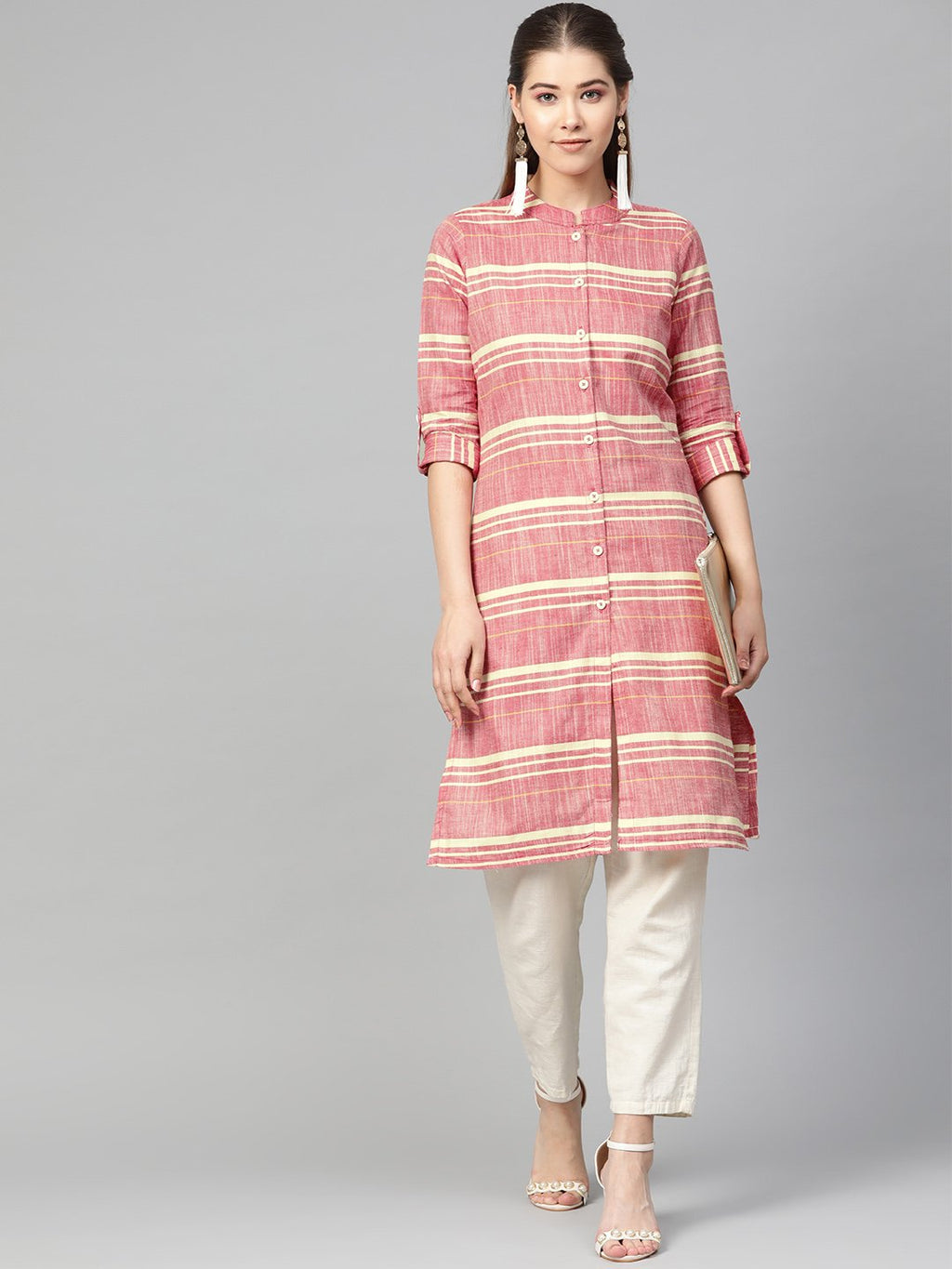 Jompers Women Red & Yellow Self-Striped Straight Kurta | Grocsy