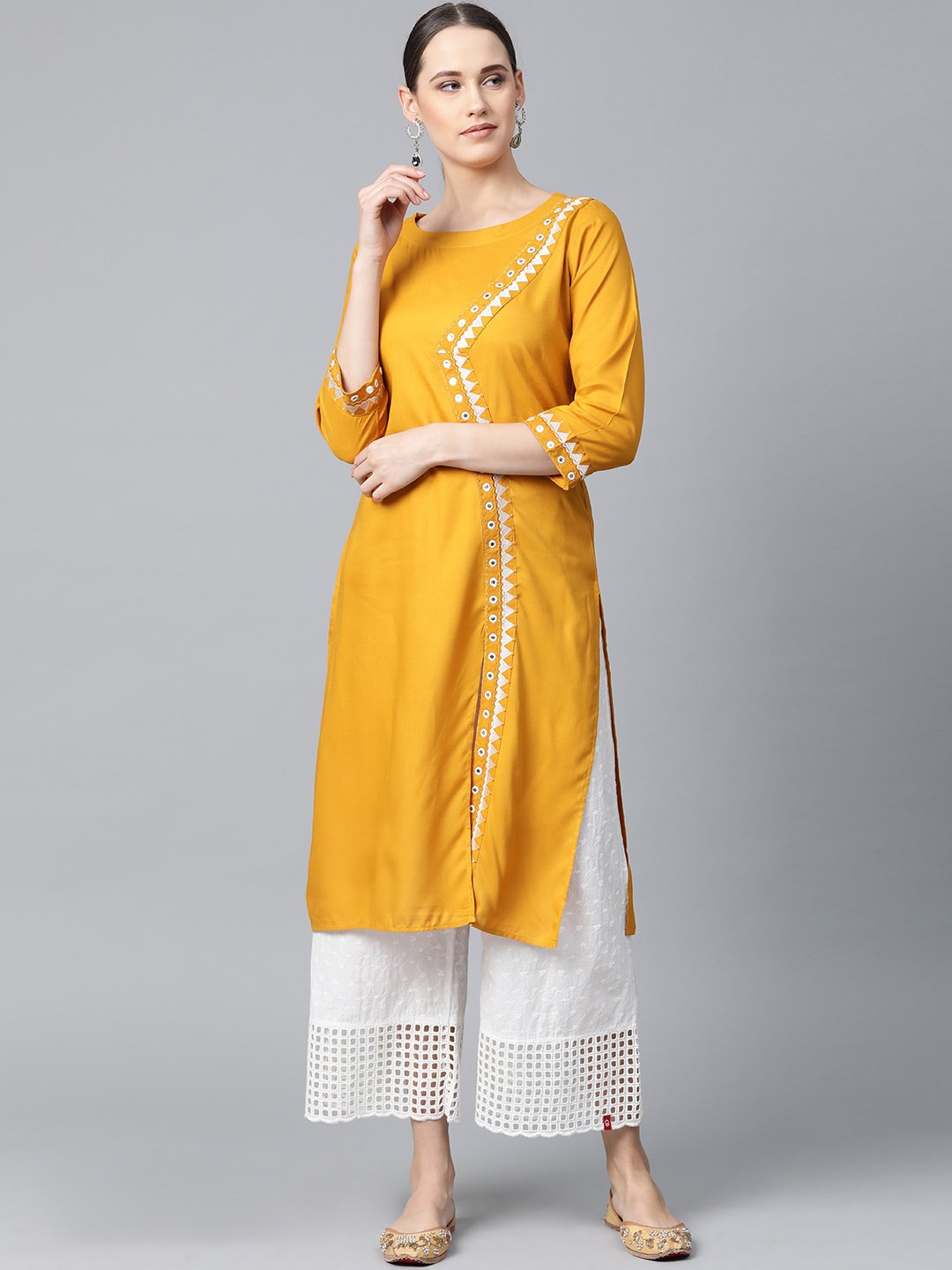 Jompers Women Mustard Embroidered Straight Kurta | Grocsy