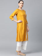 Jompers Women Mustard Embroidered Straight Kurta | Grocsy