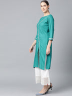 Jompers Women Rama Green Embroidered Straight Kurta | Grocsy