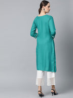 Jompers Women Rama Green Embroidered Straight Kurta | Grocsy