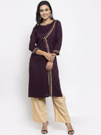 Jompers Women Purple Embroidered Straight Kurta ( Wine ) | Grocsy