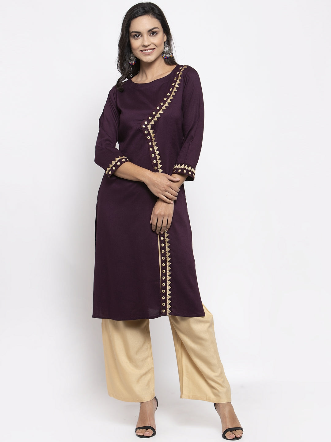 Jompers Women Purple Embroidered Straight Kurta ( Wine ) | Grocsy