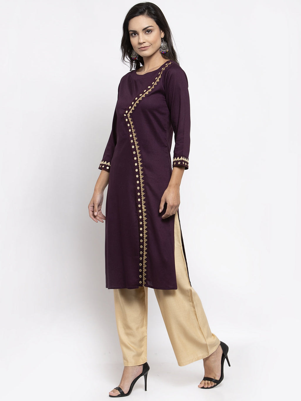 Jompers Women Purple Embroidered Straight Kurta ( Wine ) | Grocsy