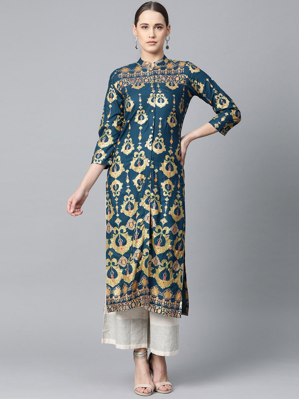 Jompers Women Teal Blue & Fluorescent Green Printed Straight Kurta | Grocsy
