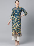 Jompers Women Teal Blue & Fluorescent Green Printed Straight Kurta | Grocsy