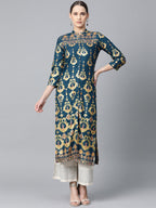 Jompers Women Teal Blue & Fluorescent Green Printed Straight Kurta | Grocsy