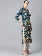 Jompers Women Teal Blue & Fluorescent Green Printed Straight Kurta | Grocsy