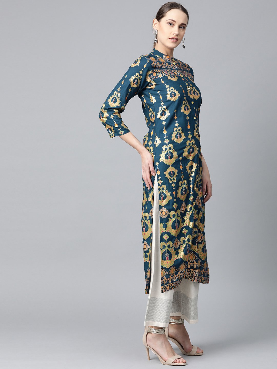 Jompers Women Teal Blue & Fluorescent Green Printed Straight Kurta | Grocsy