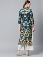 Jompers Women Teal Blue & Fluorescent Green Printed Straight Kurta | Grocsy