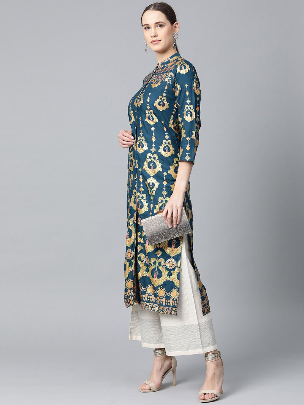 Jompers Women Teal Blue & Fluorescent Green Printed Straight Kurta | Grocsy