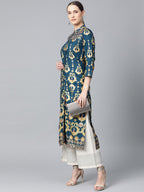 Jompers Women Teal Blue & Fluorescent Green Printed Straight Kurta | Grocsy