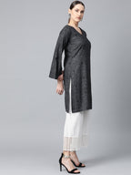 Jompers Women Charcoal Grey & Black Printed Straight Kurta | Grocsy