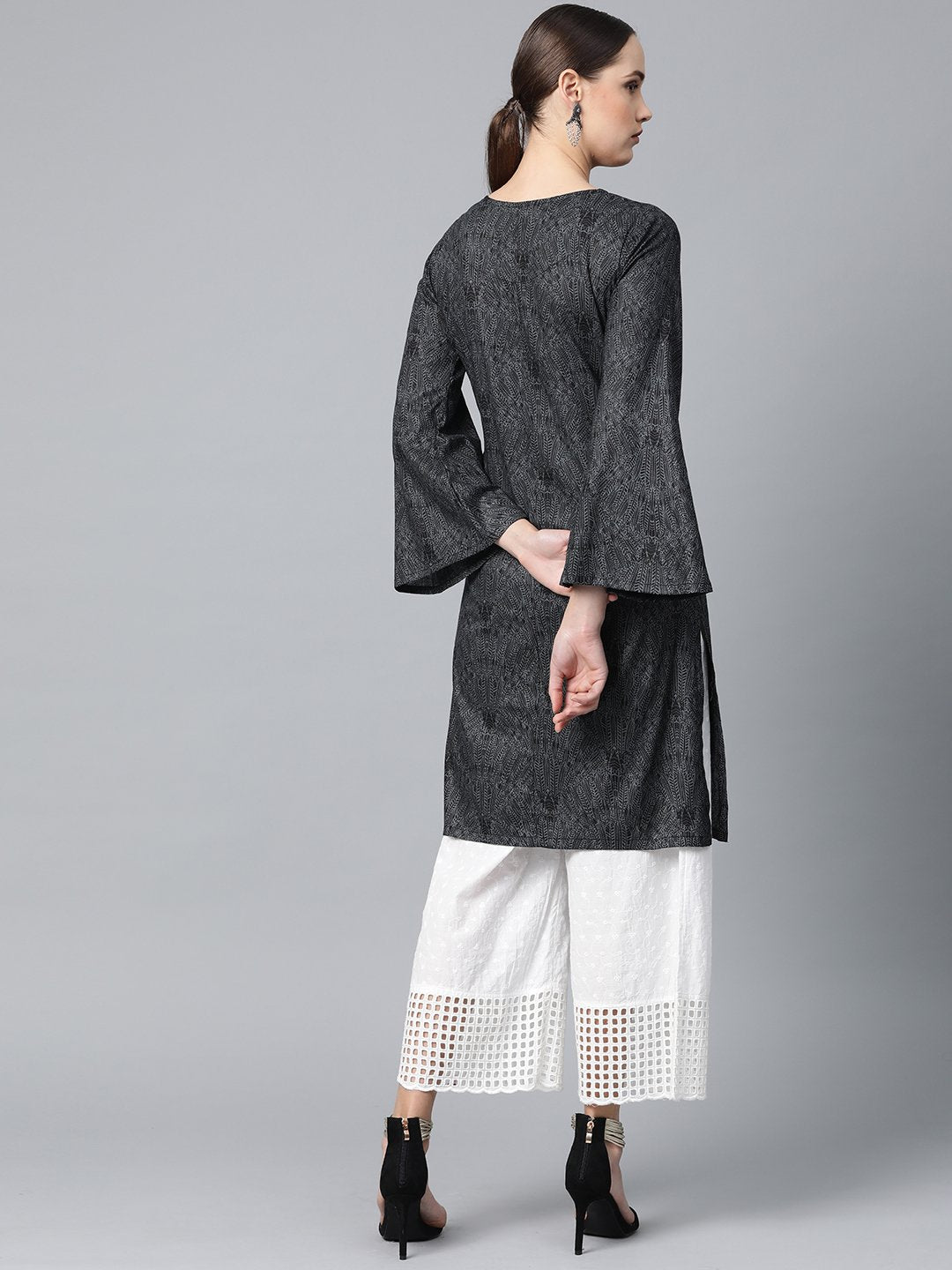 Jompers Women Charcoal Grey & Black Printed Straight Kurta | Grocsy