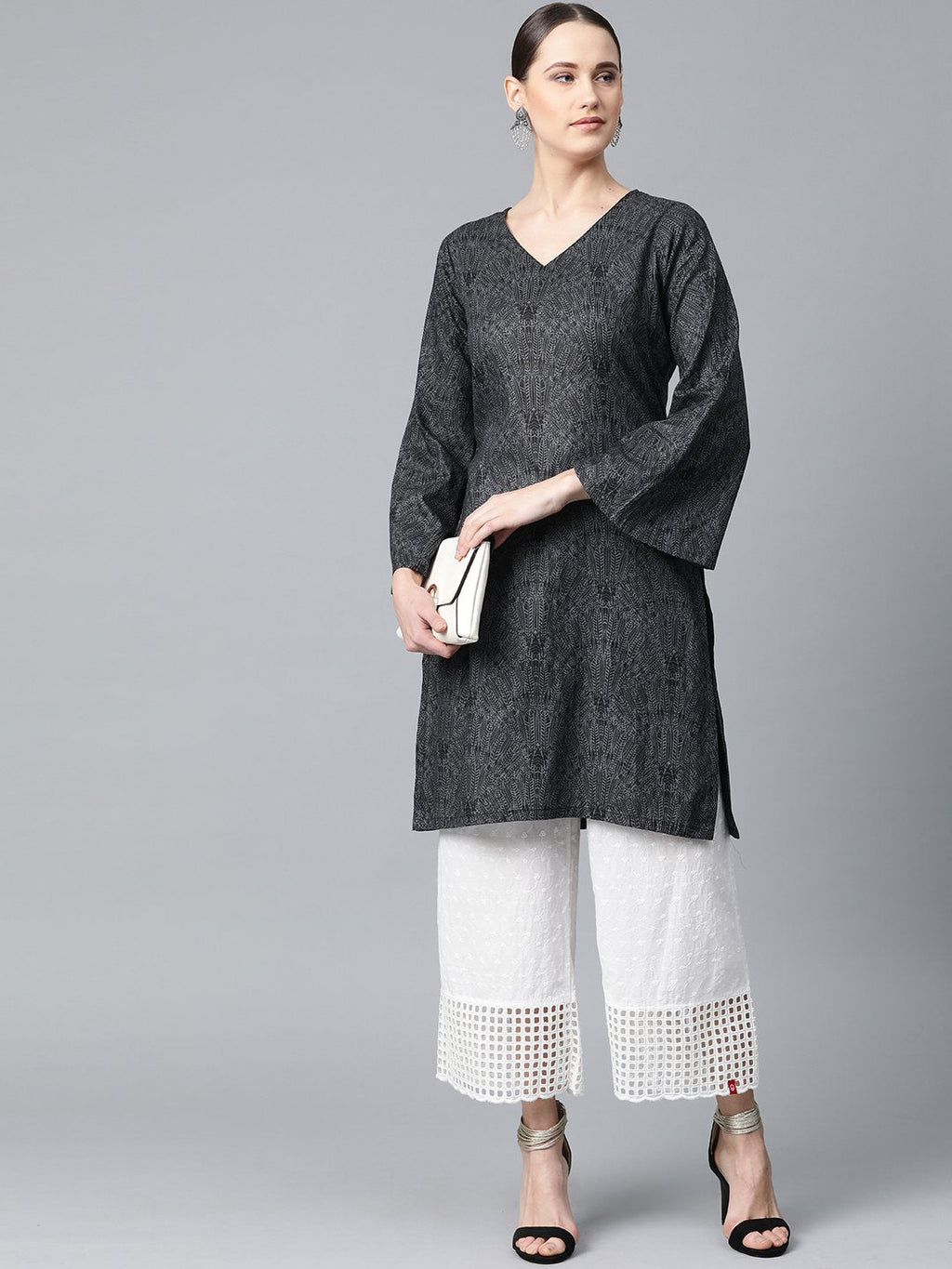 Jompers Women Charcoal Grey & Black Printed Straight Kurta | Grocsy
