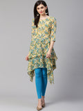 Jompers Women Beige & Blue Floral Printed A-Line Kurta | Grocsy