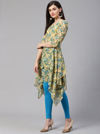 Jompers Women Beige & Blue Floral Printed A-Line Kurta | Grocsy