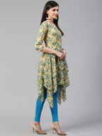 Jompers Women Beige & Blue Floral Printed A-Line Kurta | Grocsy
