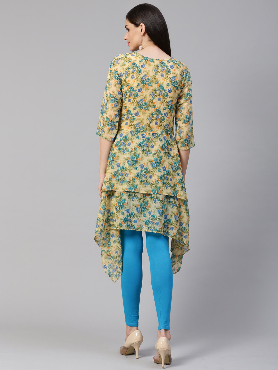 Jompers Women Beige & Blue Floral Printed A-Line Kurta | Grocsy
