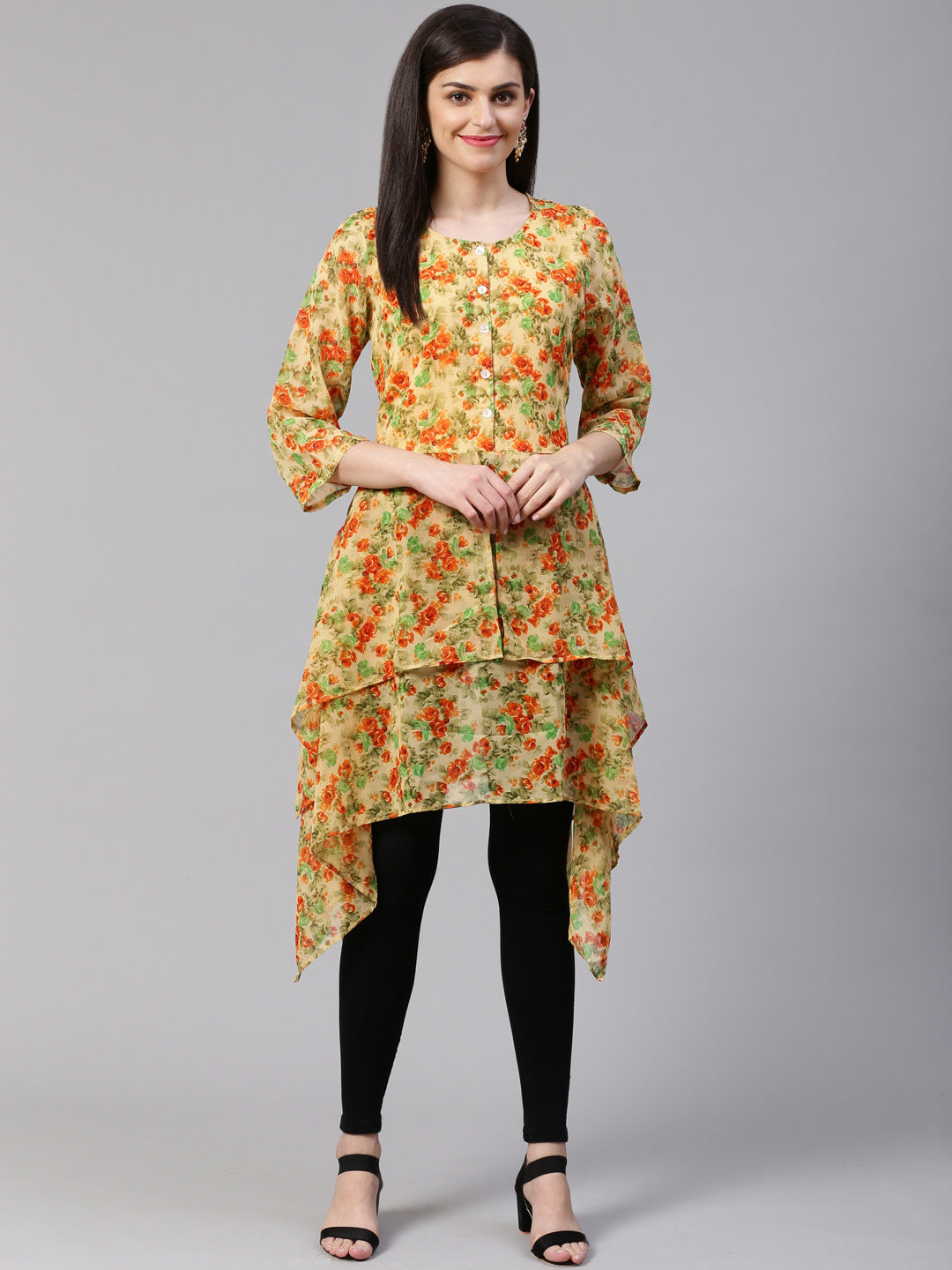 Jompers Women Beige & Orange Floral Printed A-Line Kurta | Grocsy