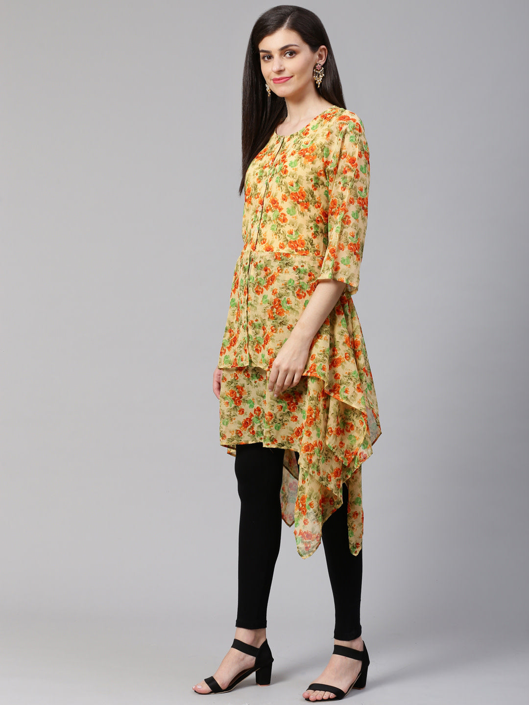 Jompers Women Beige & Orange Floral Printed A-Line Kurta | Grocsy