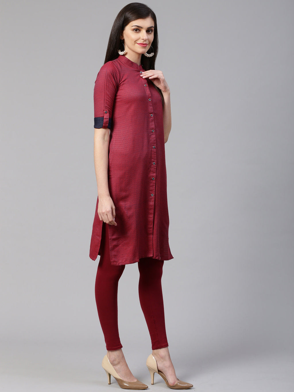 Jompers Women Maroon & Blue Jacquard Woven Design Straight Kurta | Grocsy