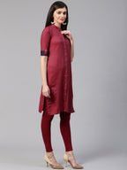 Jompers Women Maroon & Blue Jacquard Woven Design Straight Kurta | Grocsy