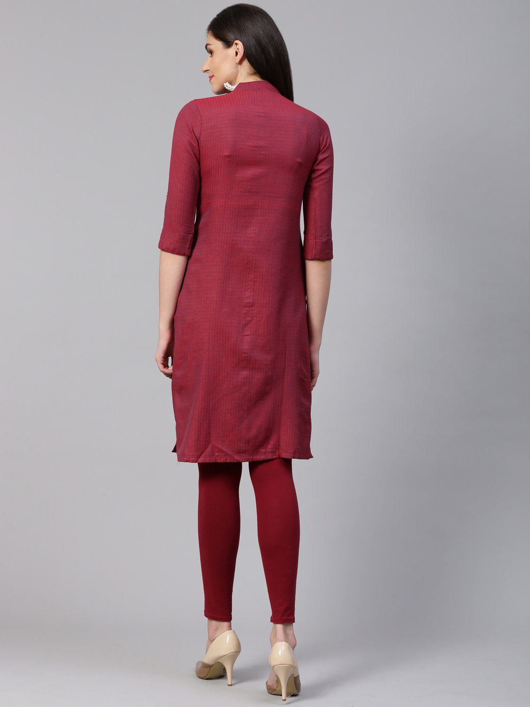 Jompers Women Maroon & Blue Jacquard Woven Design Straight Kurta | Grocsy
