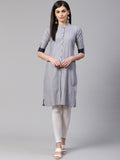 Jompers Women Grey & Blue Jacquard Woven Design Straight Kurta | Grocsy