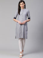 Jompers Women Grey & Blue Jacquard Woven Design Straight Kurta | Grocsy