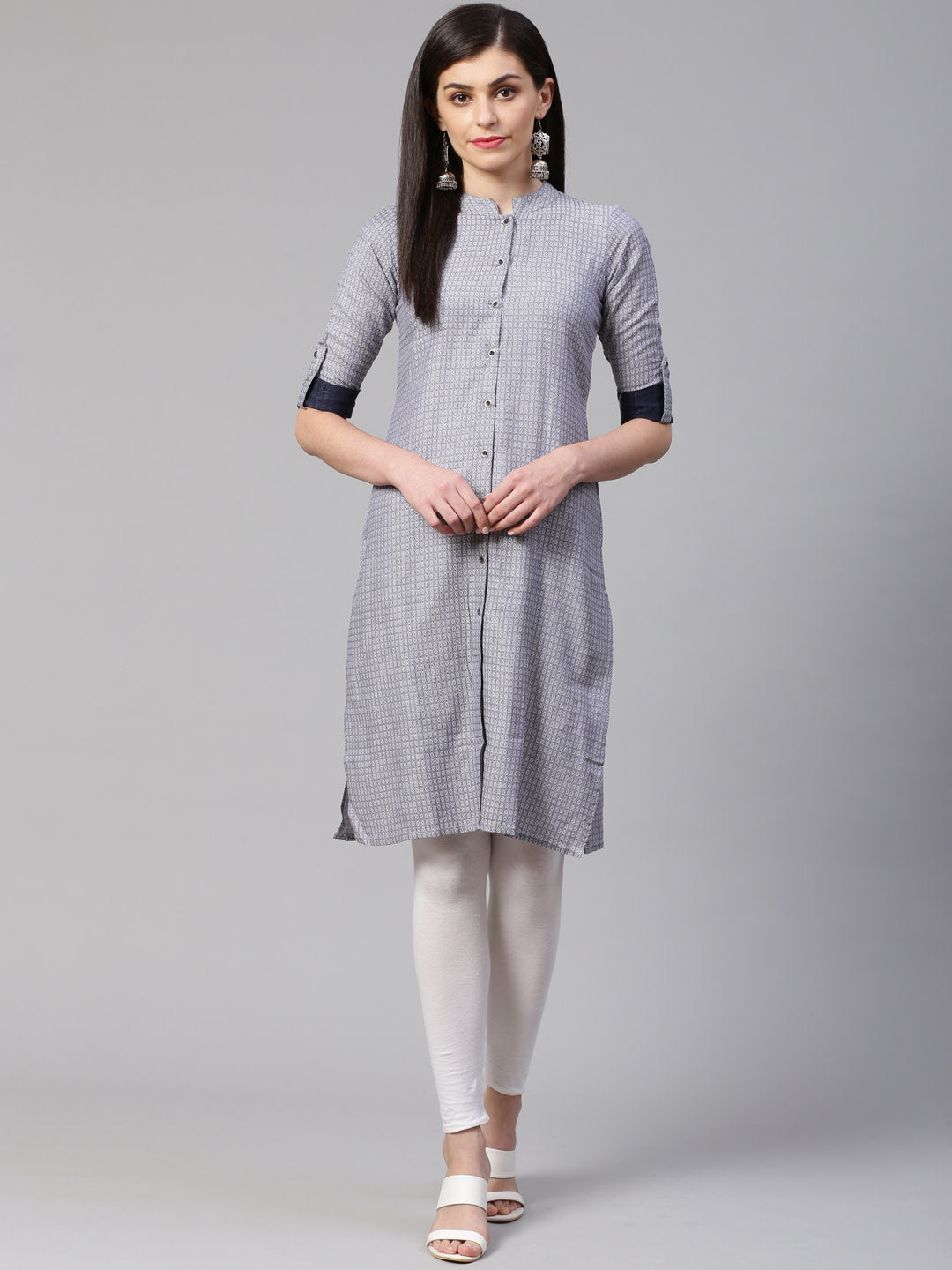 Jompers Women Grey & Blue Jacquard Woven Design Straight Kurta | Grocsy