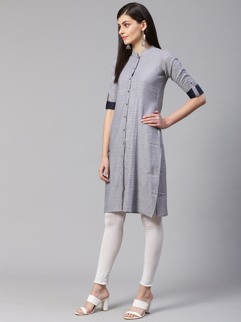 Jompers Women Grey & Blue Jacquard Woven Design Straight Kurta | Grocsy