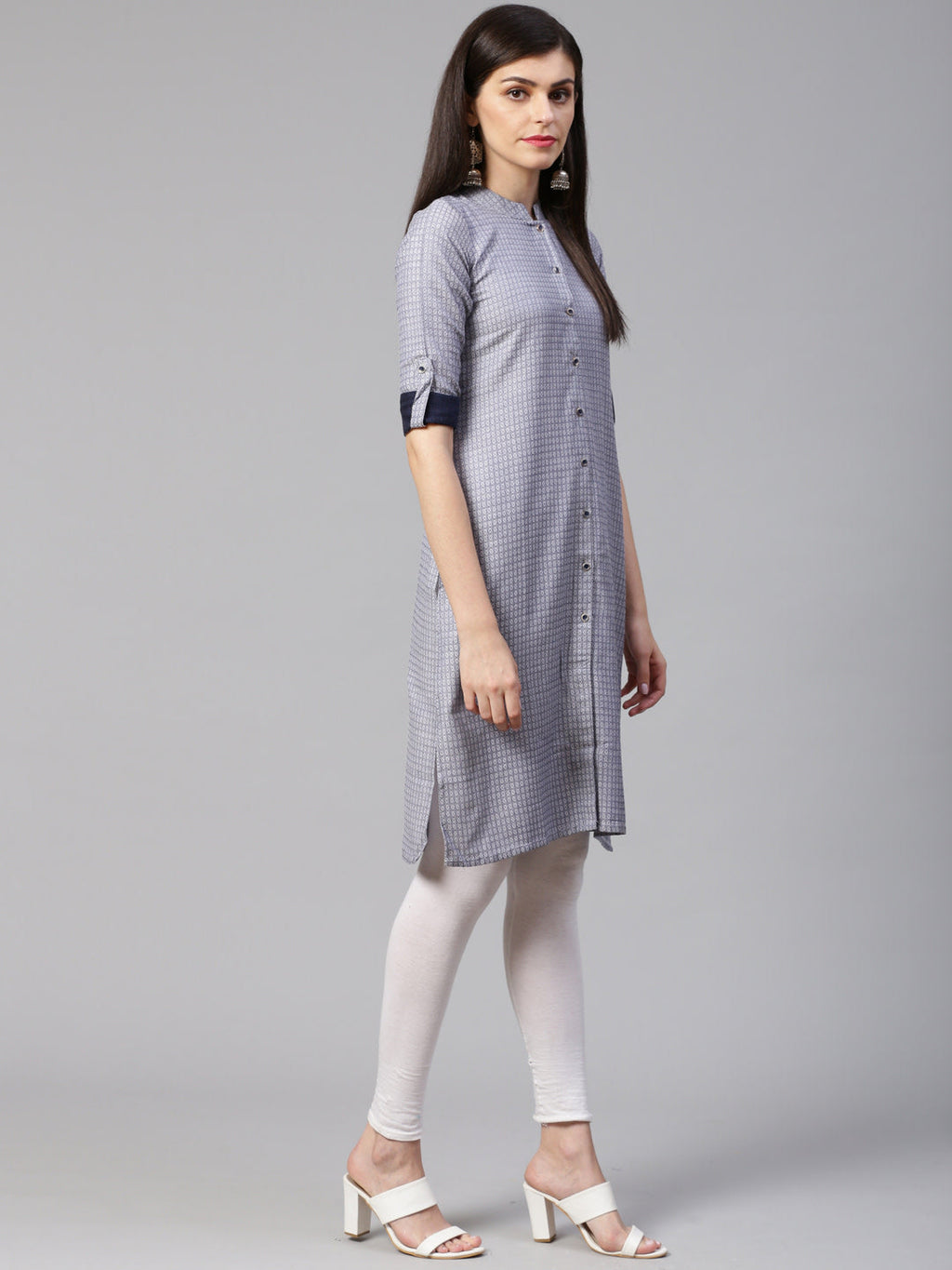 Jompers Women Grey & Blue Jacquard Woven Design Straight Kurta | Grocsy
