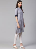 Jompers Women Grey & Blue Jacquard Woven Design Straight Kurta | Grocsy