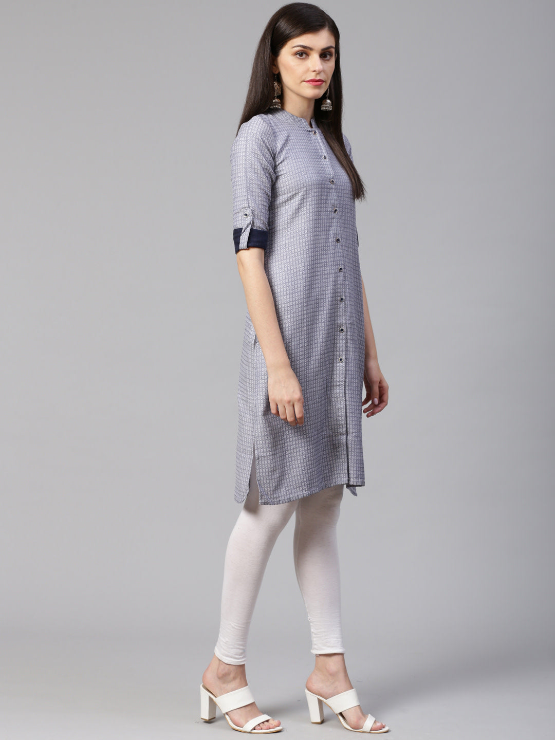 Jompers Women Grey & Blue Jacquard Woven Design Straight Kurta | Grocsy