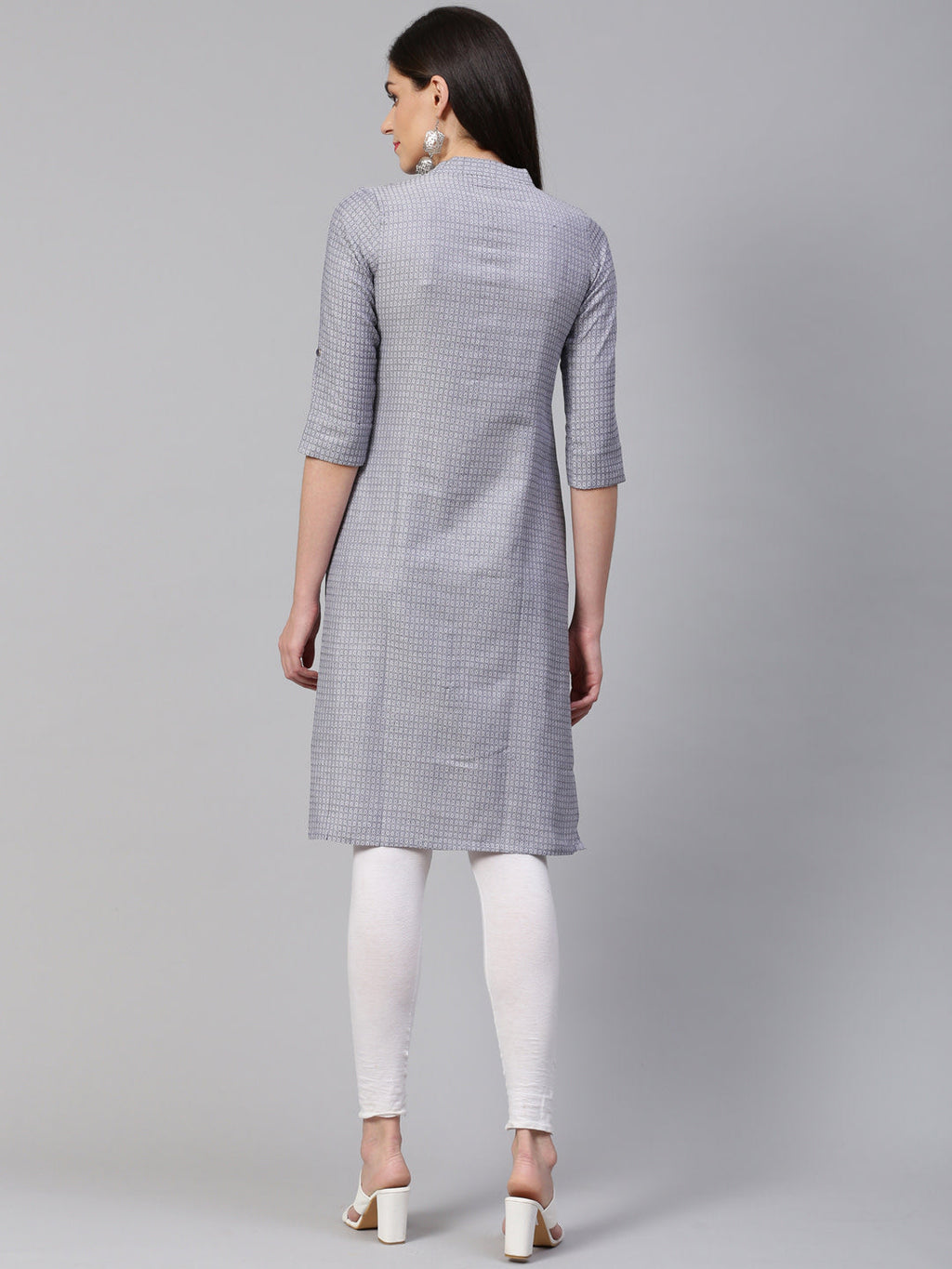 Jompers Women Grey & Blue Jacquard Woven Design Straight Kurta | Grocsy