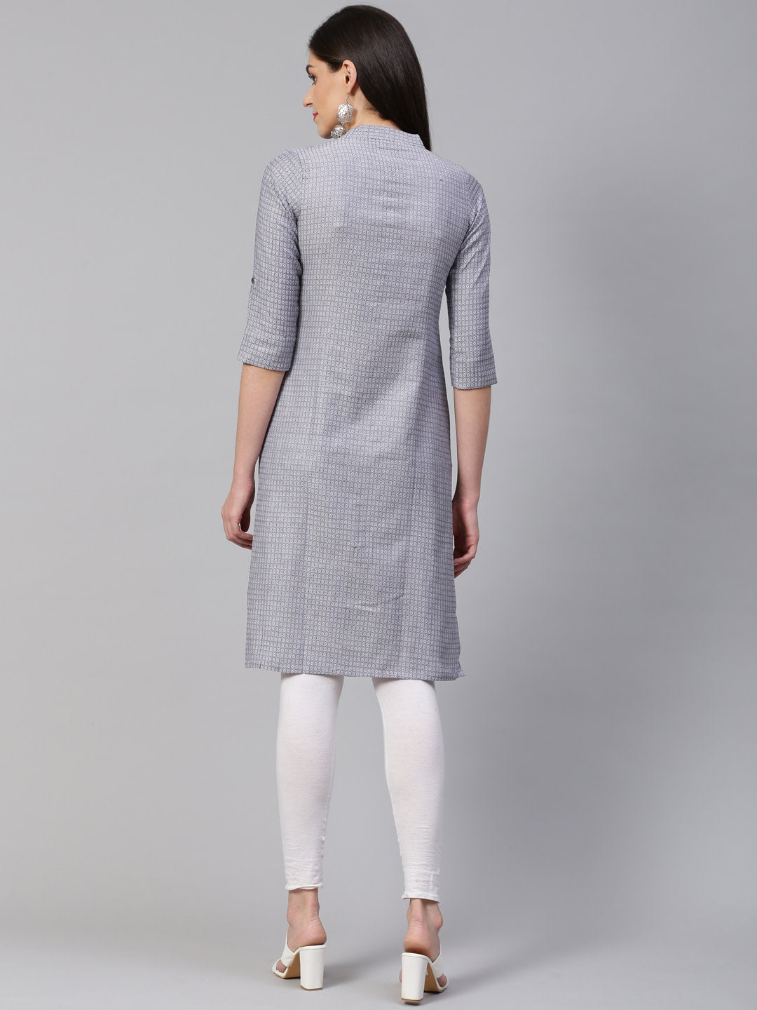 Jompers Women Grey & Blue Jacquard Woven Design Straight Kurta | Grocsy