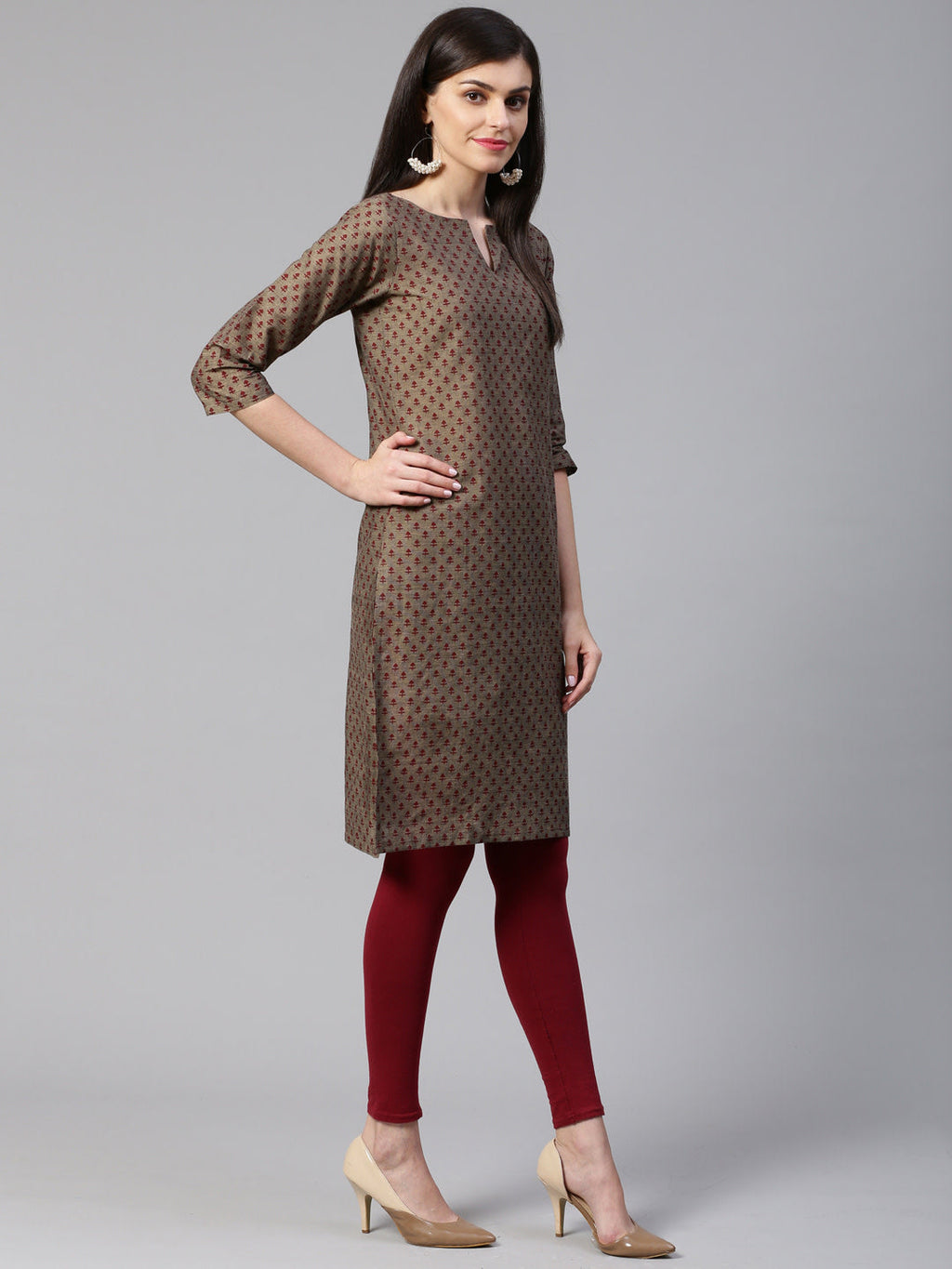 Jompers Women Grey & Maroon Printed Straight Kurta | Grocsy
