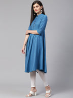 Jompers Women Blue Woven Design Jacquard Weave A-Line Kurta | Grocsy